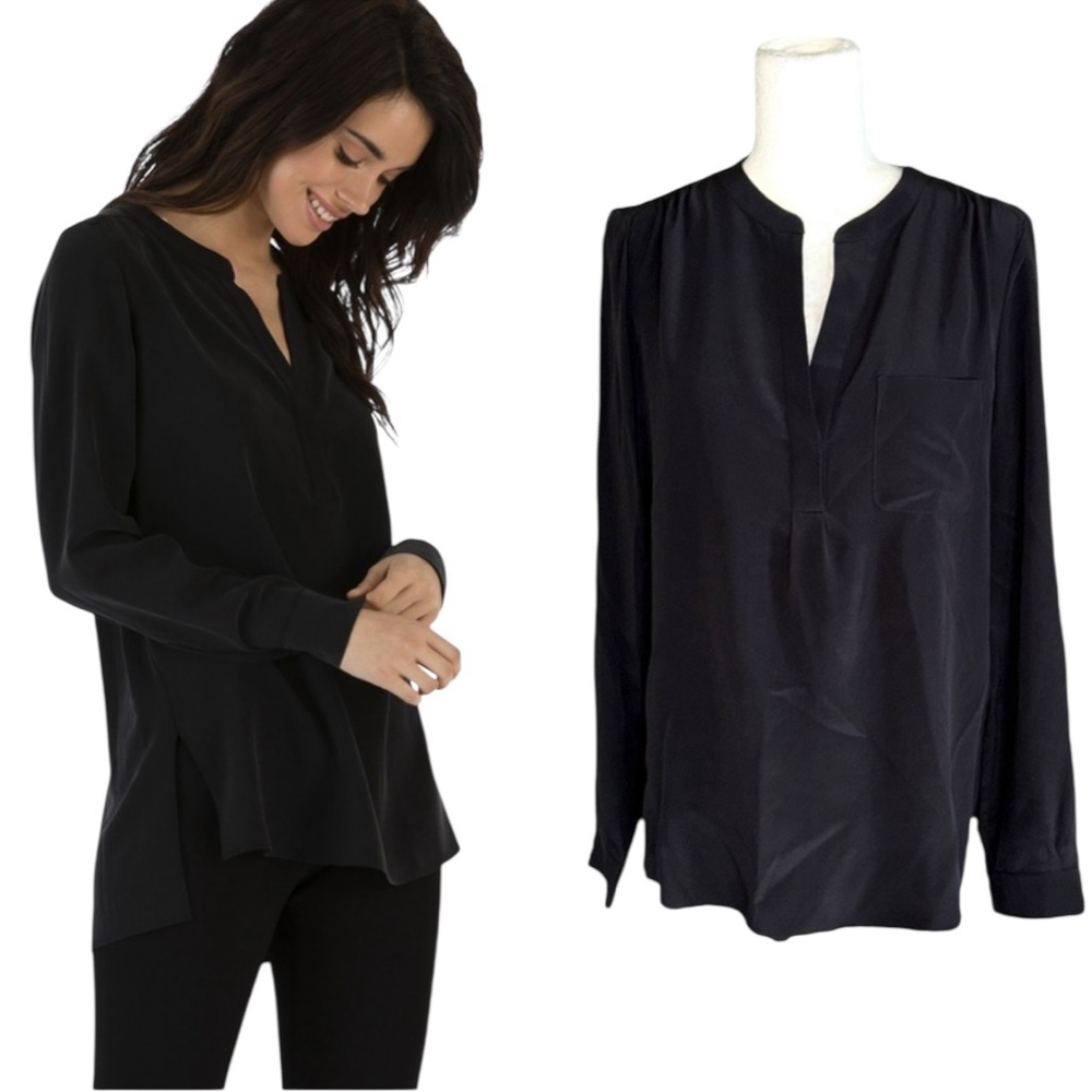 The Reset / R | Label Silk Black Split V-Neck Long Sleeve Popover Blouse - XS